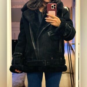 Arrivals Shearling Aviator Jacket- black suede luxe leather jacket
